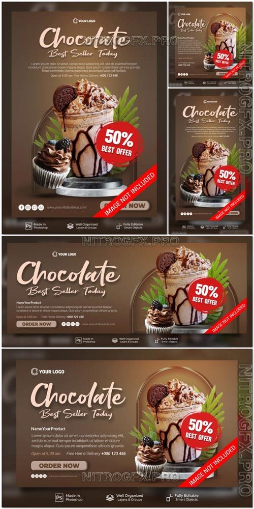 PSD chocolate and cake best seller today menu cafe social media post website banner template