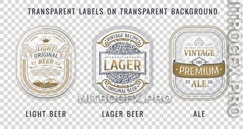 Vector set vintage bottle beer labels, golden stickers, frames background