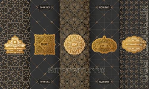 Vector gold designer labels with logo, frame and luxury packaging