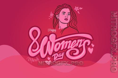 Vector happy women day greeting with beautiful woman outline illustration and lettering