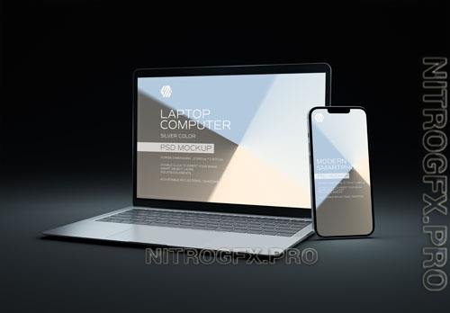 Mobile phone and laptop devices on dark mockup psd