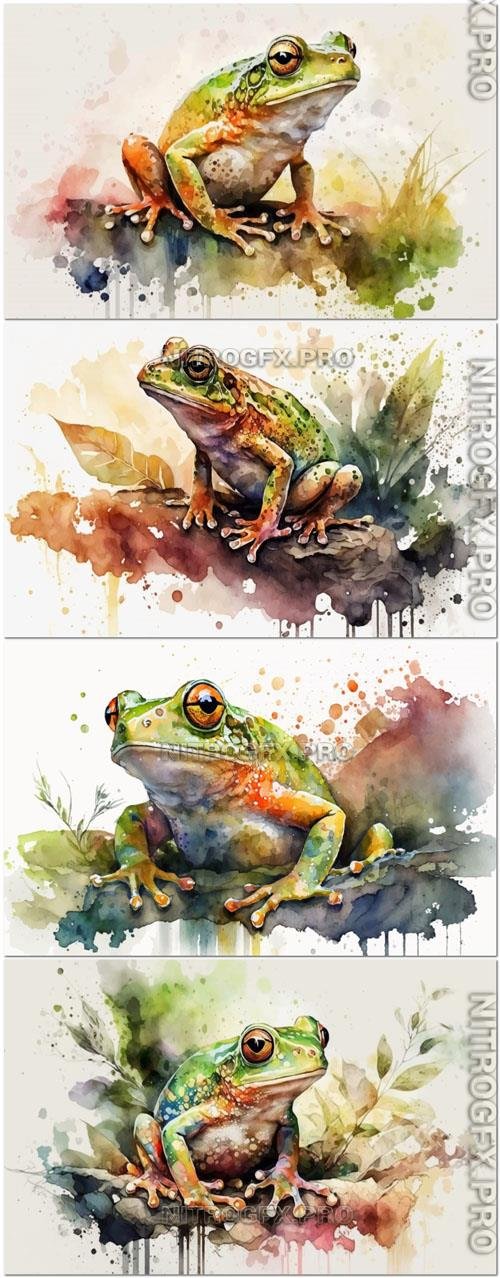 Watercolor vector illustrations of frogs in their natural habitat