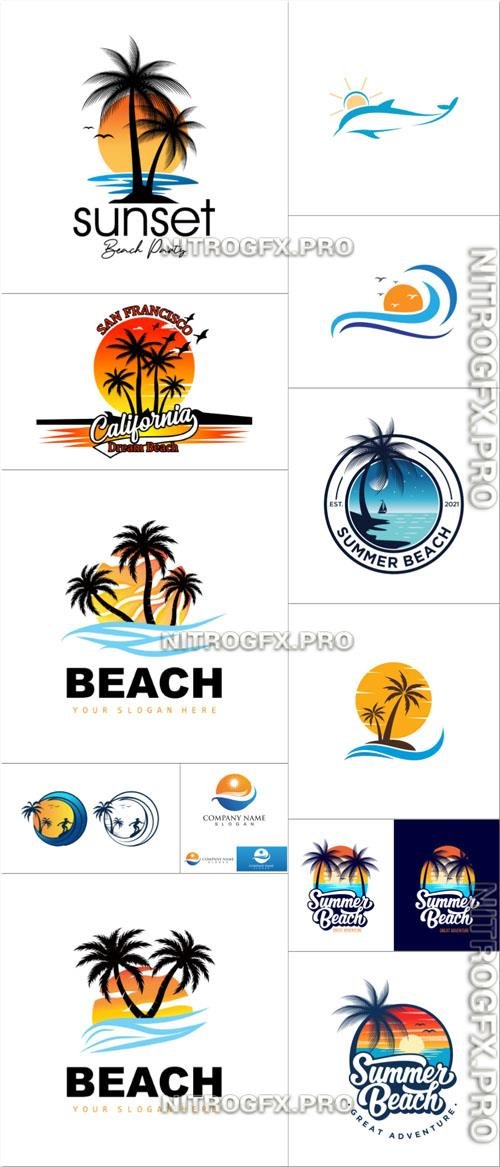 Summer Logos Vector With Beach Sunset View Design