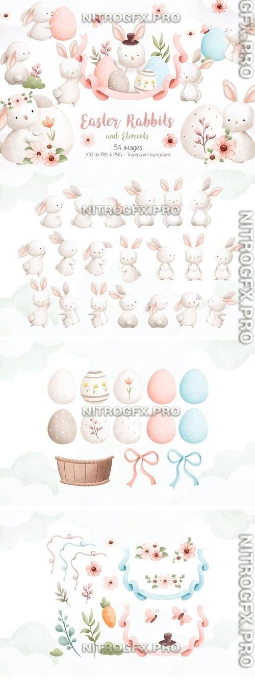 Easter Rabbits and Elements Clipart