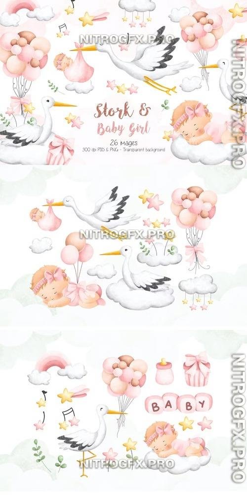Stork and Baby Girl Clipart Beautiful Design