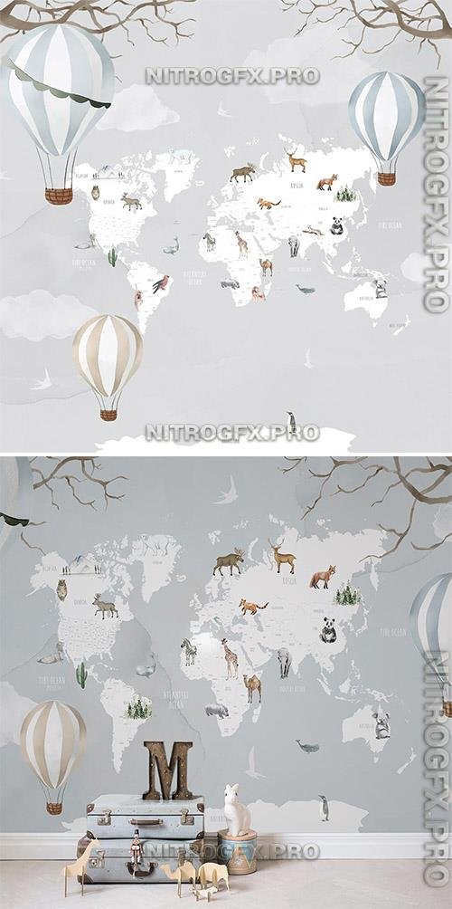 World map with animals - Wallpaper for interior design