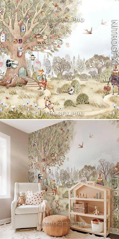 Big tree and funny animals - Wallpaper for interior design