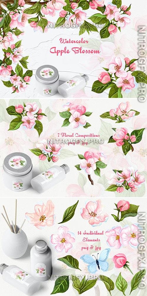 Apple Blossom Watercolor Clipart Design Template