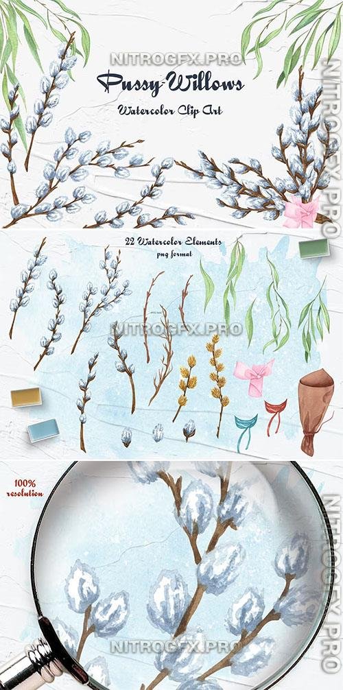 Pussy willow Watercolor clipart design template