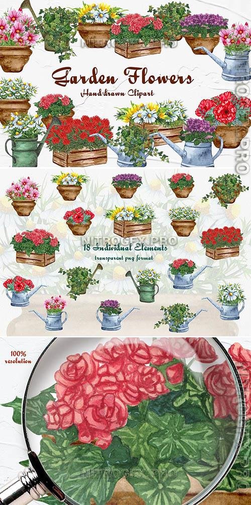 Garden Flowers Watercolor Clipart Design Template