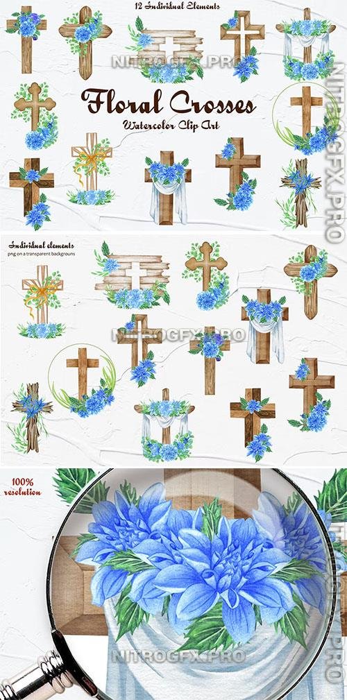 Floral Crosses Watercolor Clipart Design Template