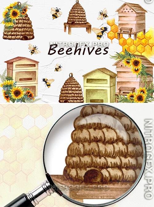 Beehive Watercolor Clipart Design Template