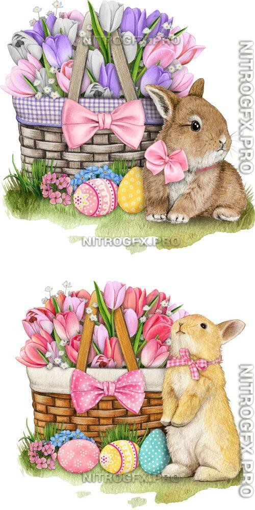 Hand drawn easter bunny with tulip basket - Watercolor vector clipart