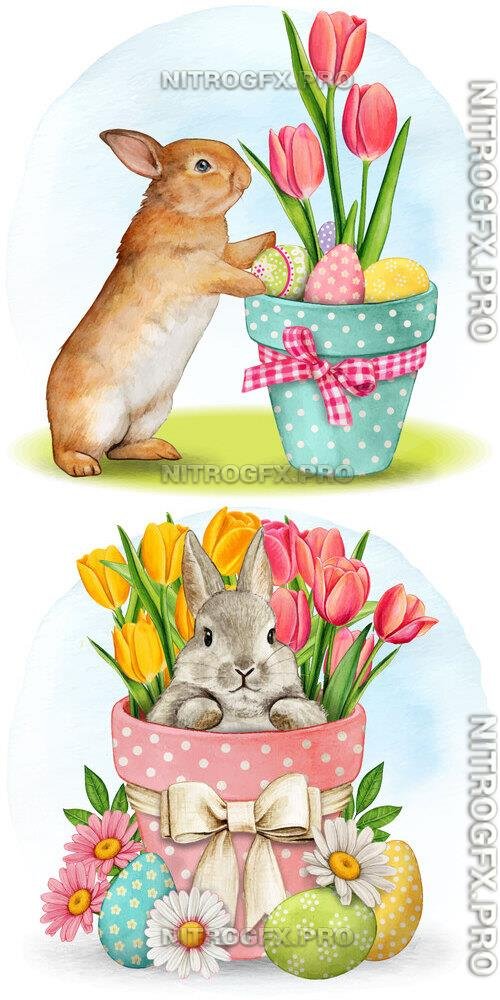 Pot with cute bunny easter eggs and tulips - Watercolor vector clipart