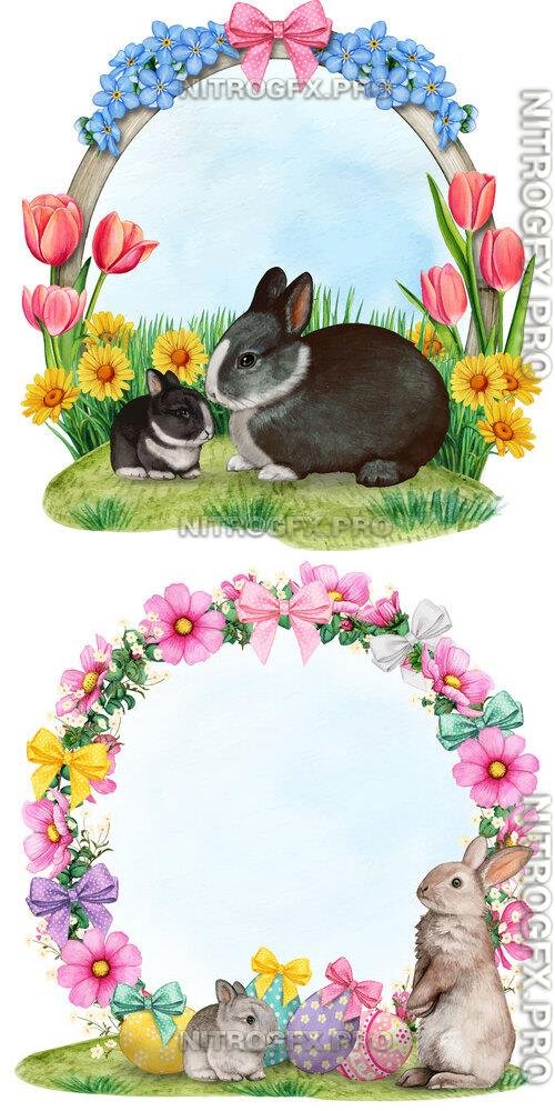 Floral easter wreath with bunnies and eggs - Watercolor vector clipart