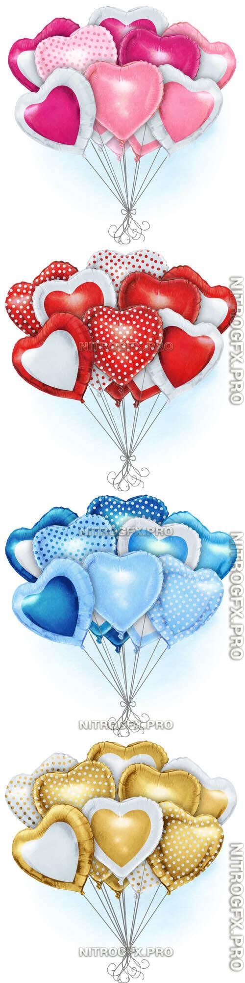 Hand drawn heart shaped realistic ballooons - Watercolor vector clipart