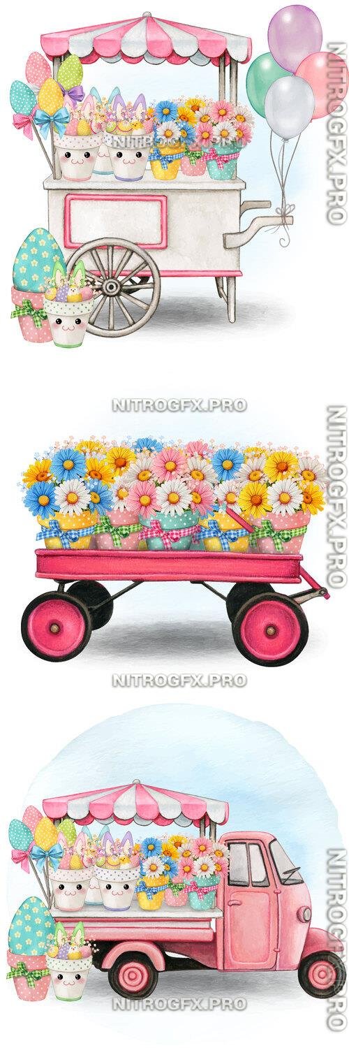 Easter floral market truck - Watercolor vector clipart