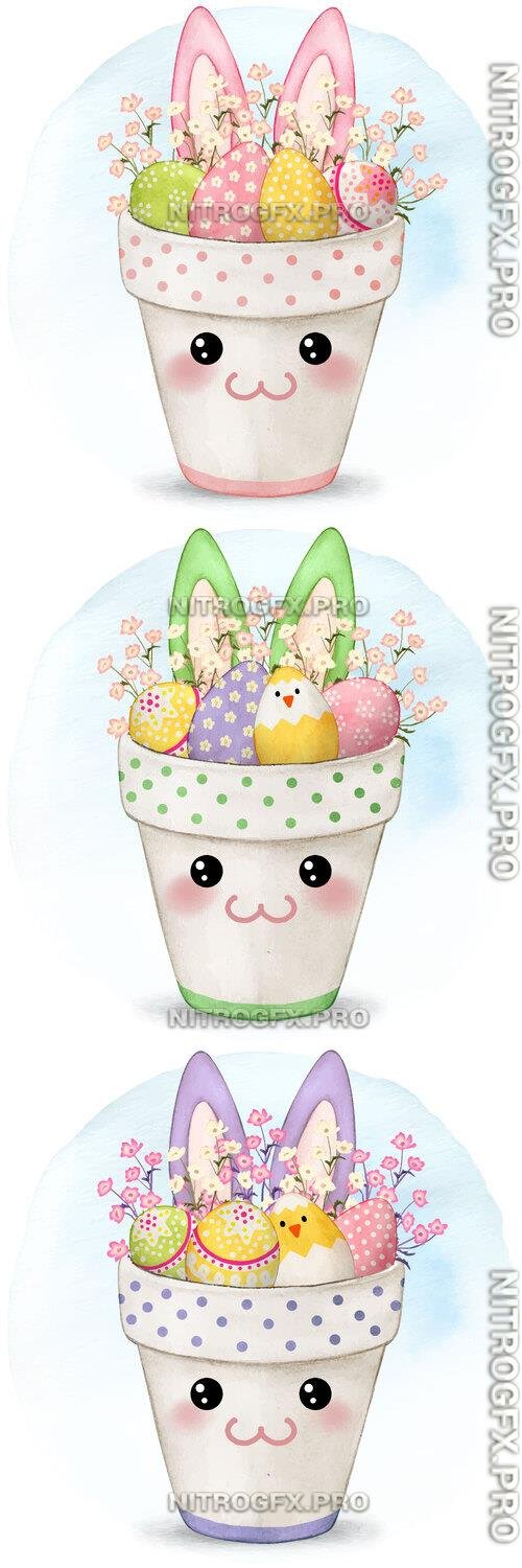 Cute bunny pot full of decorated eggs - Watercolor vector clipart
