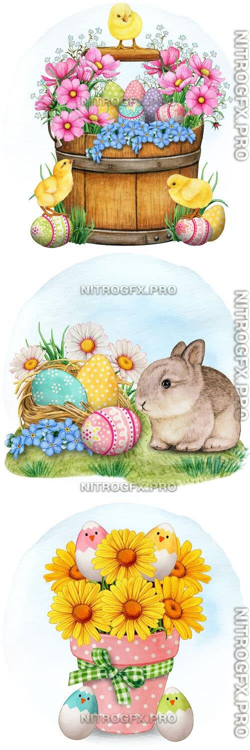 Cute baby rabbit with chickens and eggs - Watercolor vector clipart