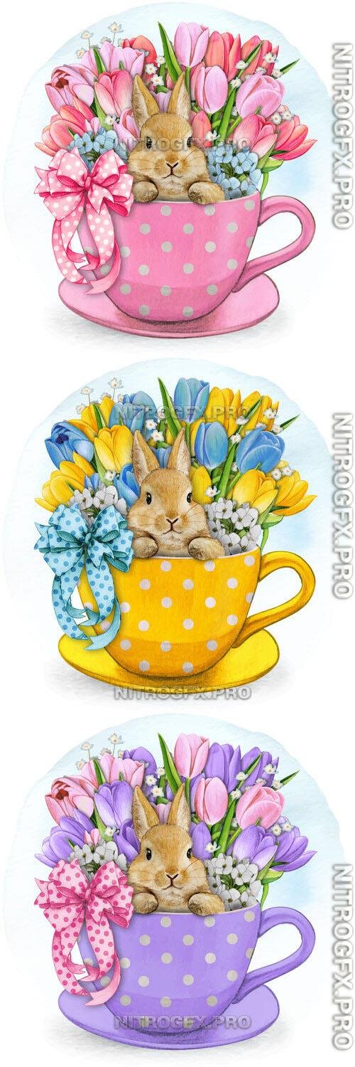 Cup with a bunny and spring flowers in it - Watercolor vector clipart