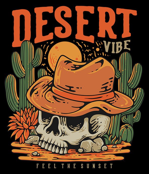 Desert Vibes With Skull Vector Illustration - YLWF2K9