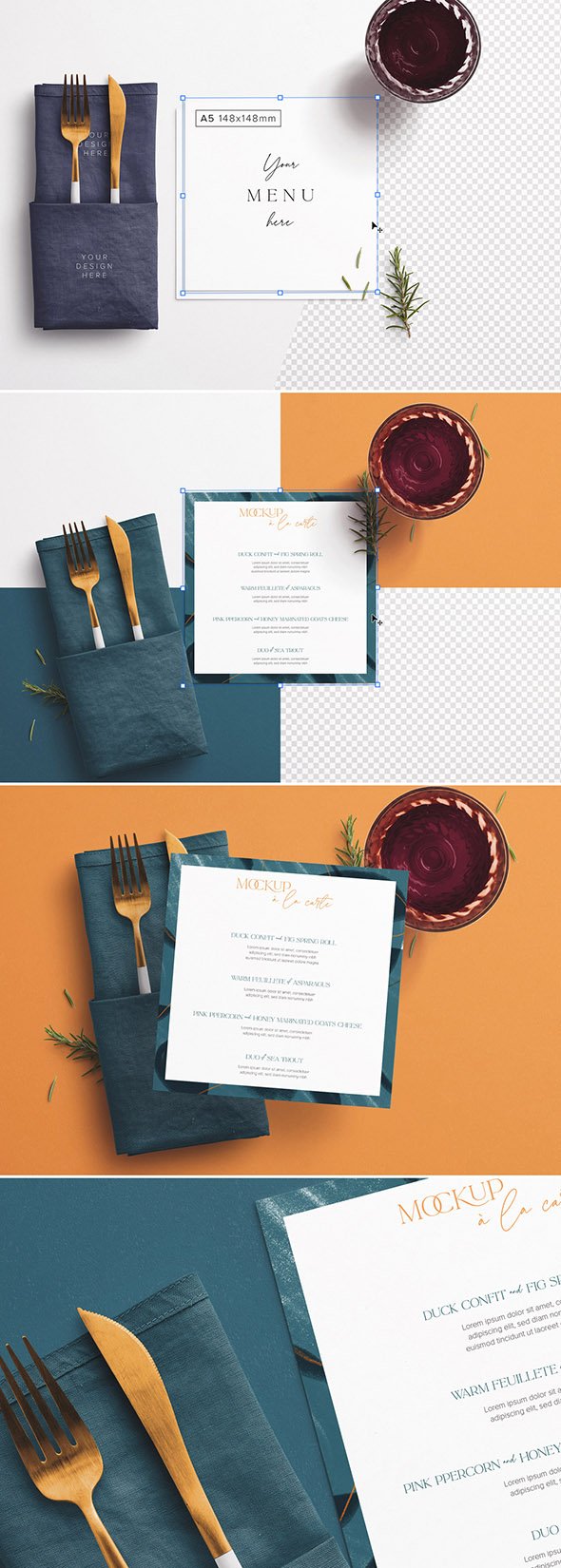 Adobestock - Table Small Square Menu with Cutleries, Napkin, Drink, and Herbs - 391585525