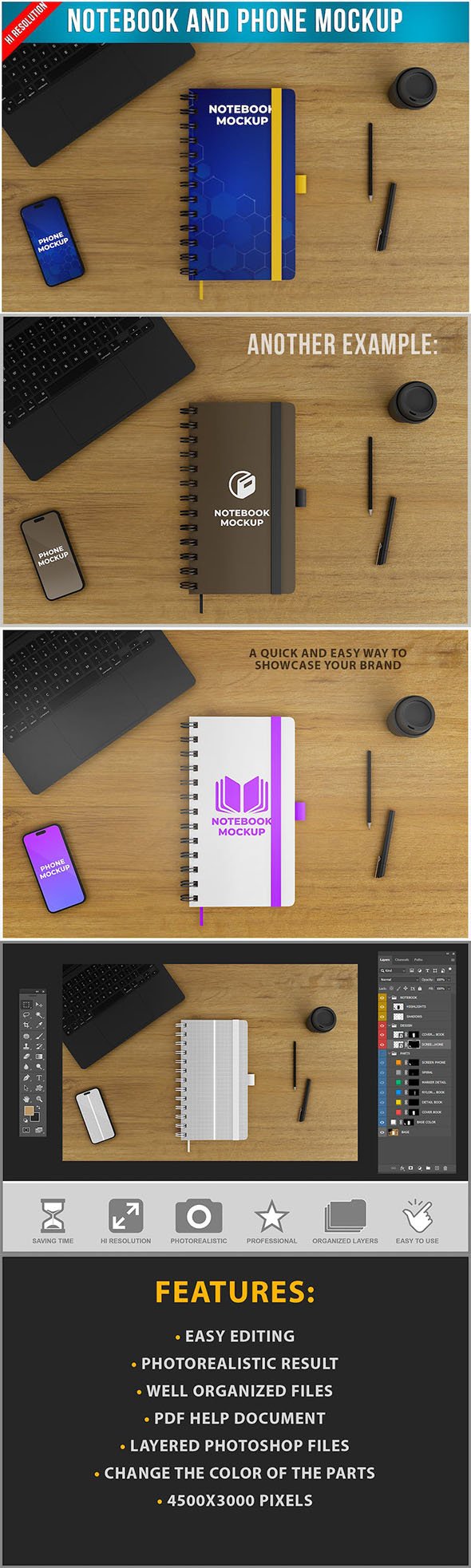 Notebook and Phone on Top of a Wooden Table Mockup - HYHMG8B