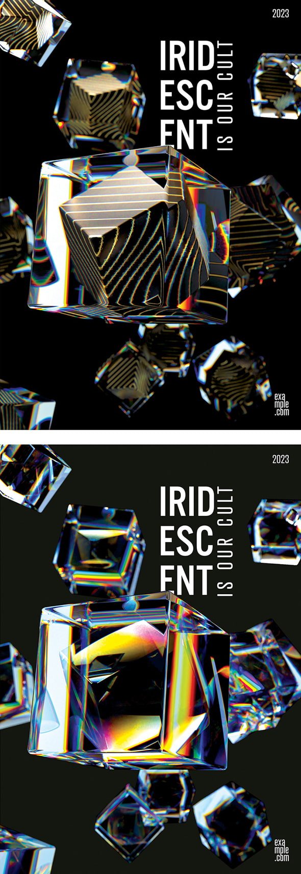 AdobeStock - Trendy Design Posters Layout with Composition of 3D Translucent Iridescent Cubes - 407520472