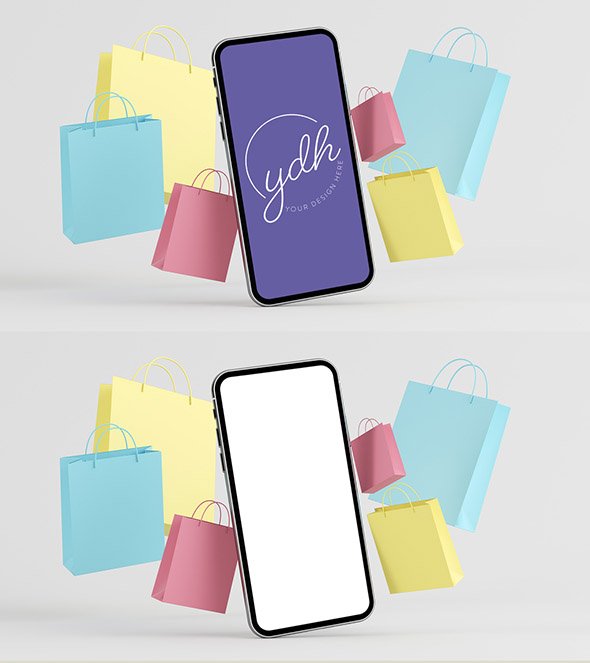 AdobeStock - Floating Mobile Mockup Surrounded by Colorful Shopping Bags - 408606628