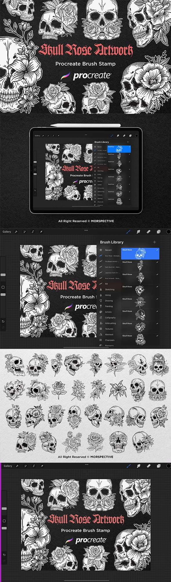 CreativeMarket - 30 Skull Rose Floral Procreate Brush - 7556753
