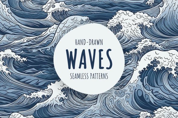Hand-Drawn Line Art Surf Wave Seamless Patterns - GDLG3M7