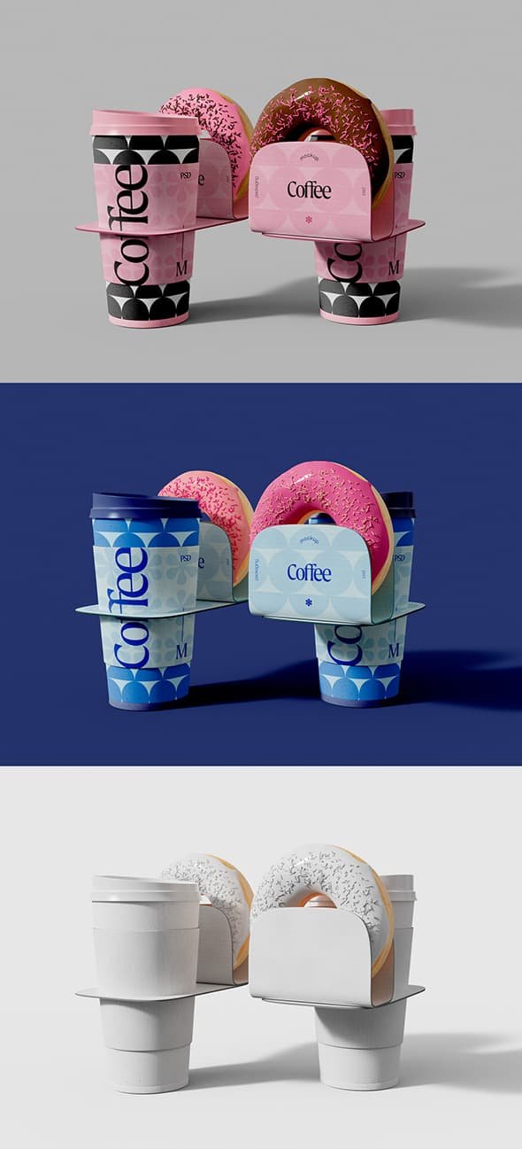 AdobeStock - Coffee Cups with Donuts Holders Mockup - 607867604