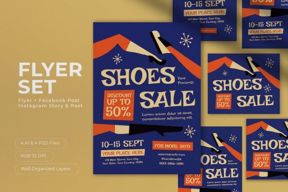 GraphicRiver - Blue Mid Century Shoes Sale Flyer Set - 46168397