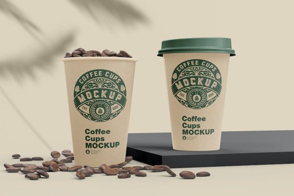 Scene with Paper Cups and Coffee Beans Mockup - 8DHSZAR