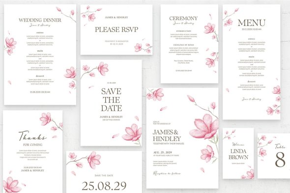 CreativeMarket - Pink Flowers Wedding Templates Set - 21336779