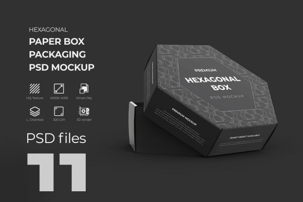 CreativeMarket - Hexagonal Paper Box Packaging PSD Mockup - 21326337