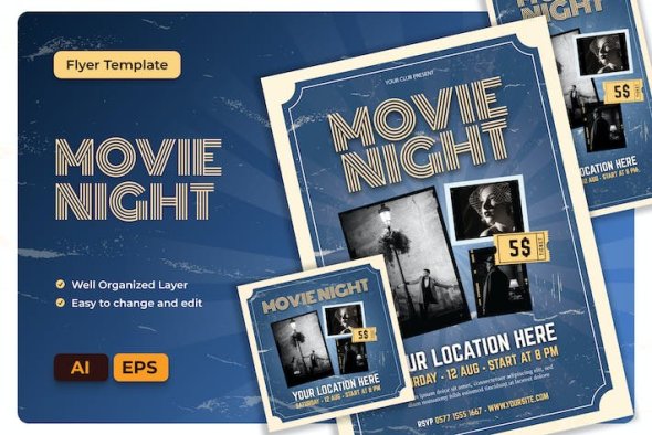 Movie Night Film Roll Flyer AI & EPS Template - 7QSYNQ8