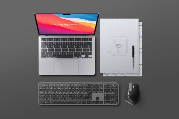 CreativeMarket - Laptop Air Mockup Keyboard Mouse A4 - 25406465