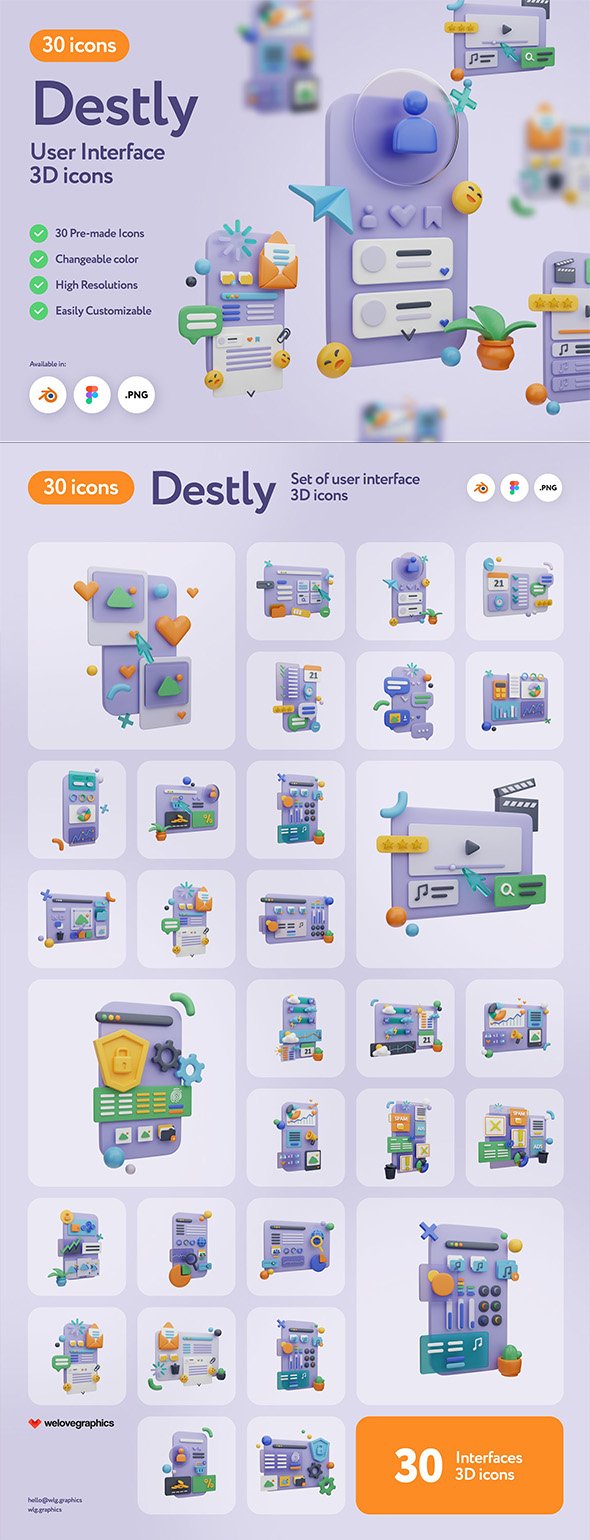 CreativeMarket - Destly Interface 3D Icons - 17652292