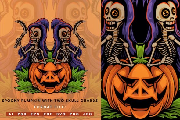 Spooky Pumpkin with Two Skull Guards - SKJ8J5V