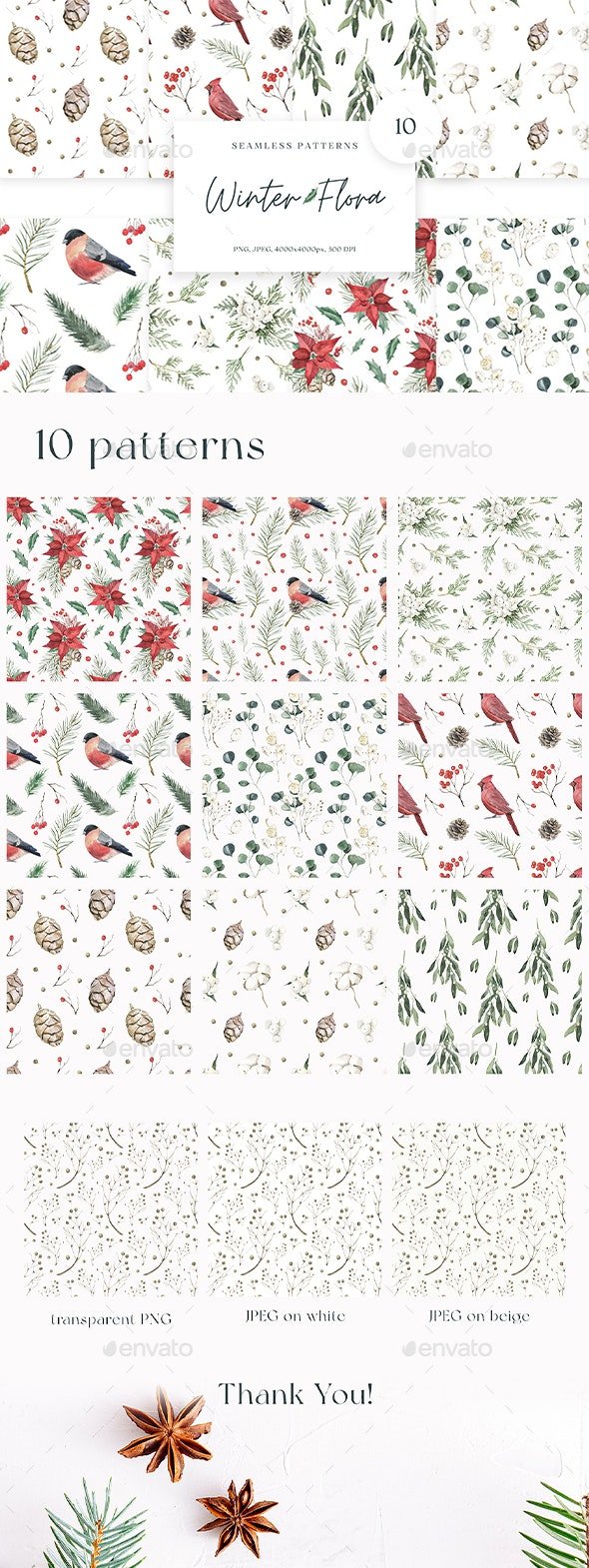 GraphicRiver - Winter Flora Seamless Patterns - 34692995