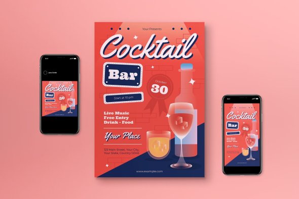CreativeMarket - Red Art Deco Cocktail Bar Flyer Set - 42260048
