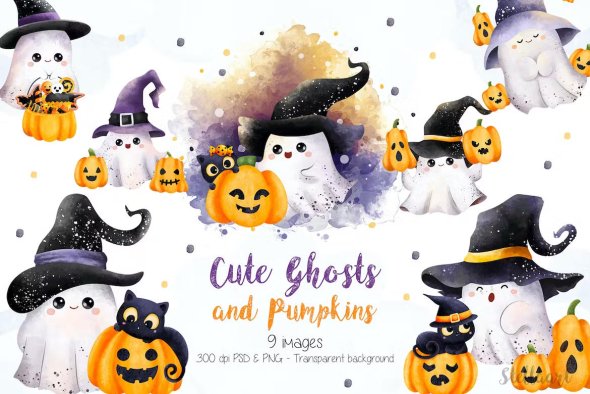 Little Ghosts with Pumpkins and Black Cat Clipart - PFDDYHF
