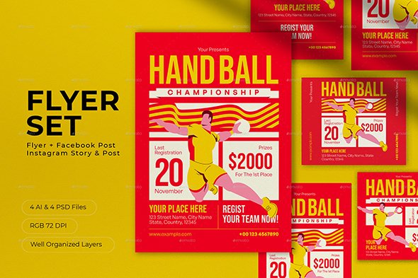 GraphicRiver - Red Simple Hand Ball Championship Flyer Set - 48564307