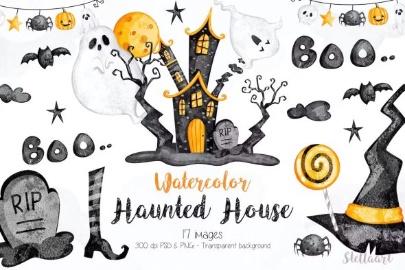 Watercolor Haunted House Clipart - 4HFEX36
