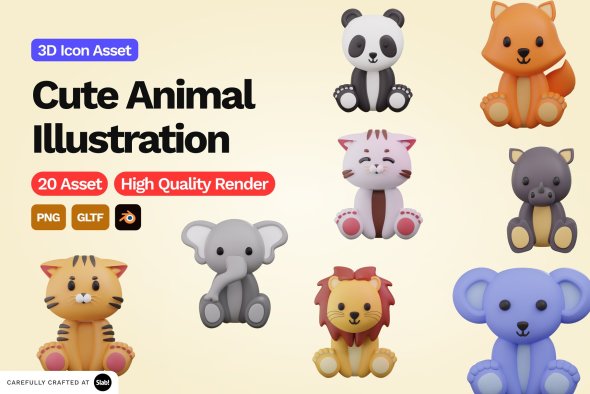 CreativeMarket - 3D Cute Animal Illustration - 91574522