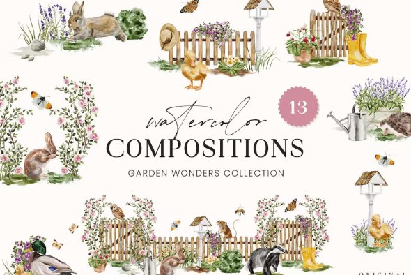 Watercolor Compositions Garden Animals Plants - 748P8LL