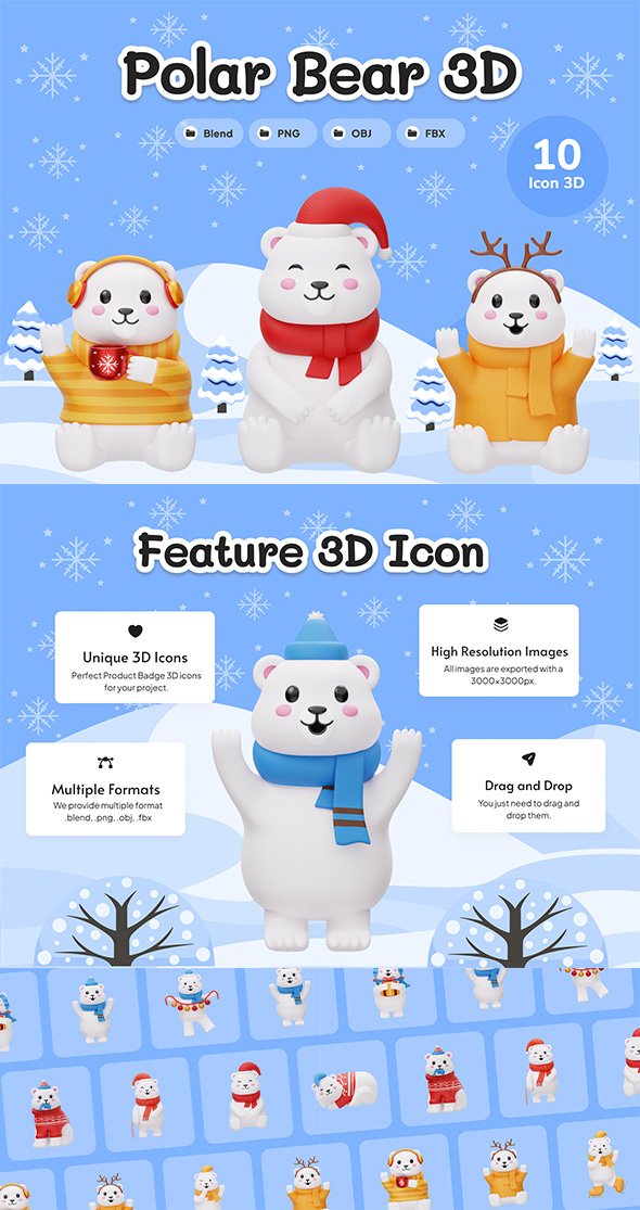Ui8 - Cute Polar Bear Winter Christmas 3D Illustration Set
