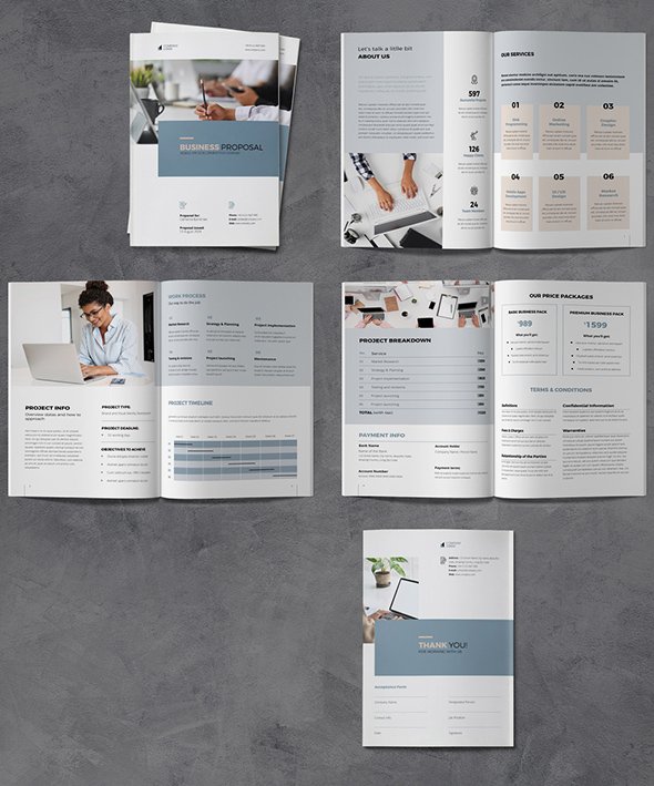 AdobeStock - Proposal Brochure Layout with Blue and Beige Accents - 538999994