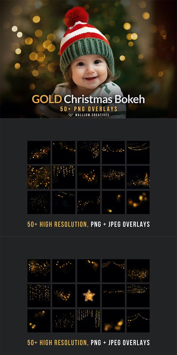 Gold Bokeh Light Christmas Photo Overlay PNG